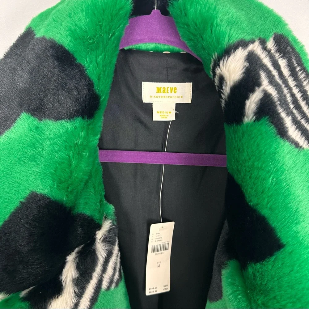 Maeve by Anthropologie Faux Fur Coat Green Black Multi Hearts Sz Medium NWT - Picture 4 of 16